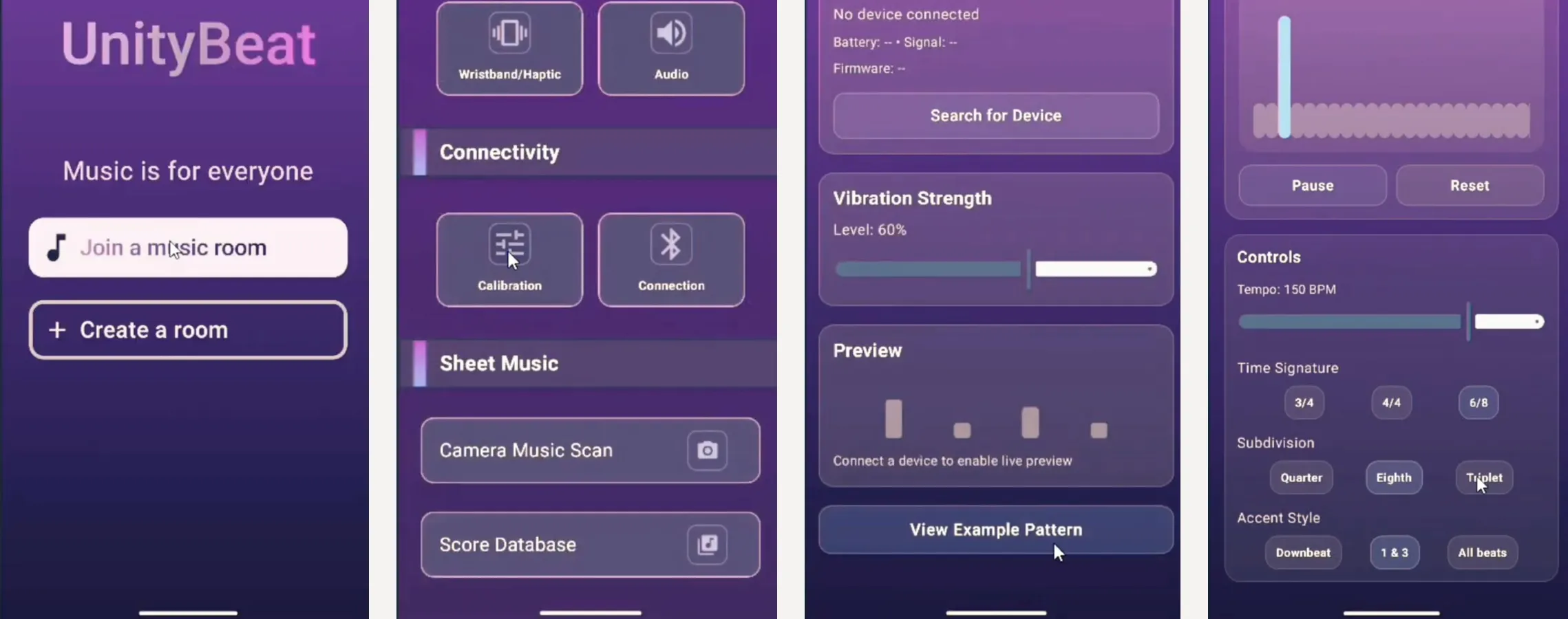Four phone screens: home with join and create room, dashboard, wristband vibration settings, and haptic pattern controls