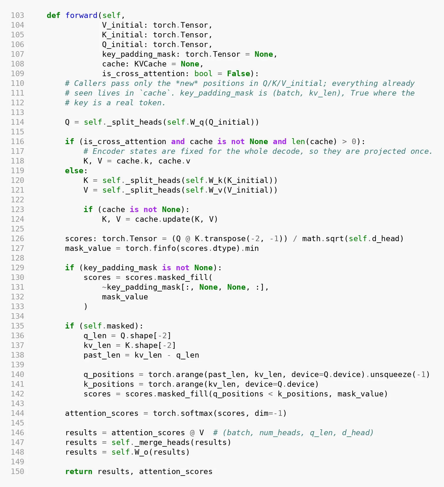 Python source for MultiHeadAttention.forward, including the KV cache path and the causal mask