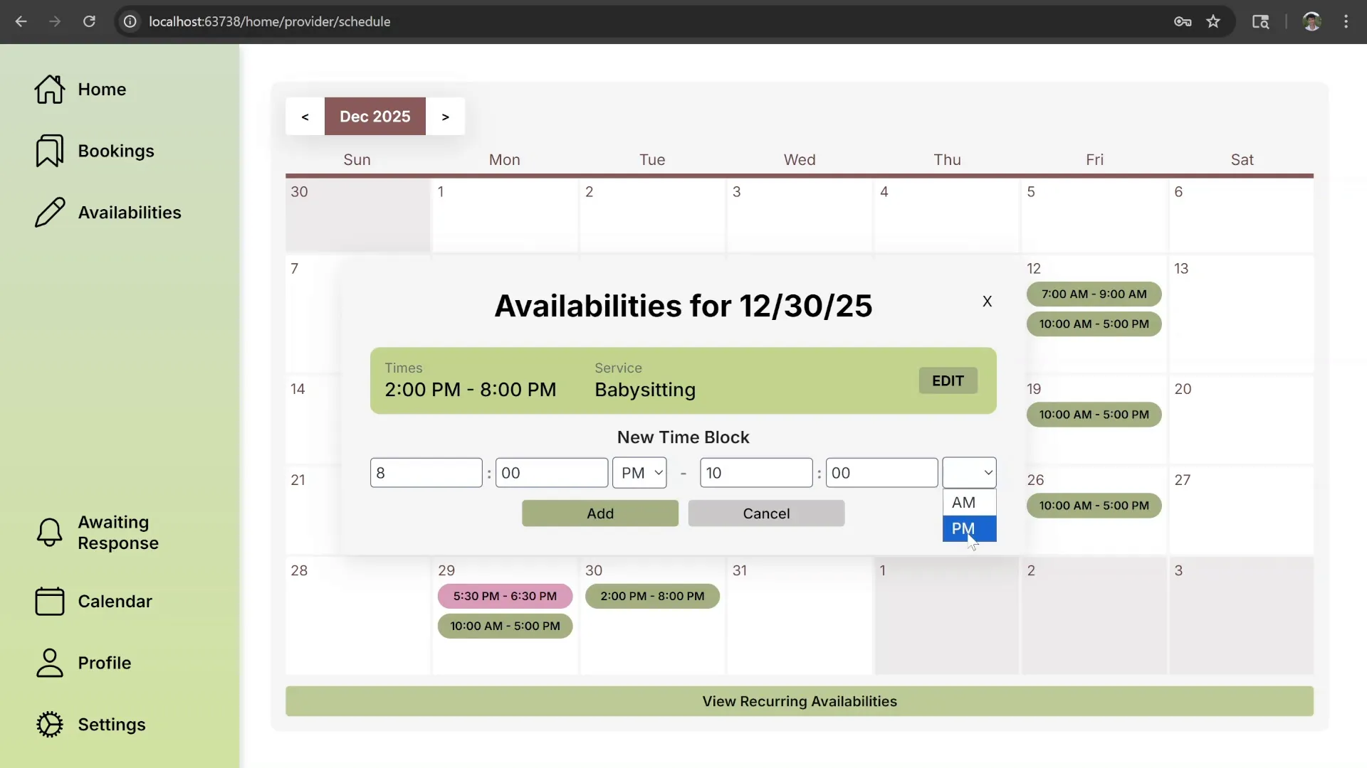 Provider calendar with a modal for adding a new time block on 12/30/25