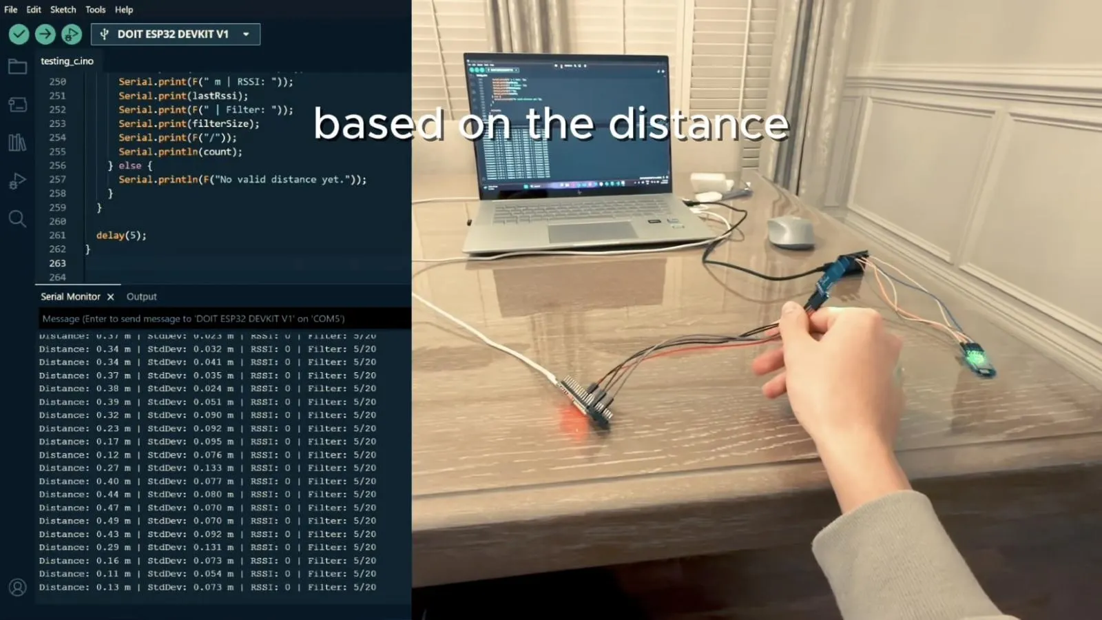 Split screen of the Arduino IDE serial monitor printing distances beside UWB modules being moved across a desk