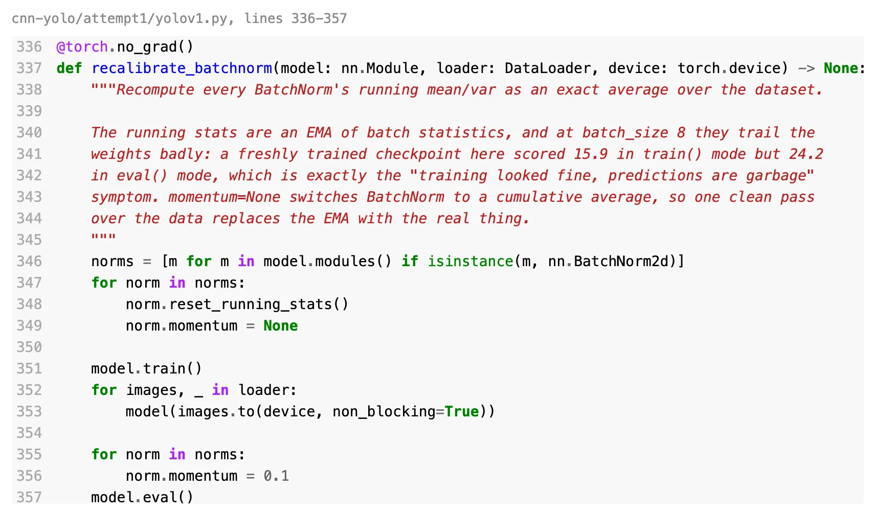 Python source for recalibrate_batchnorm, which resets each BatchNorm's running statistics and recomputes them in one pass