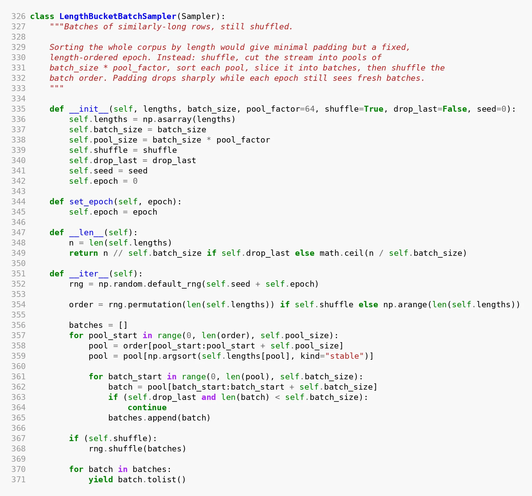 Python source for LengthBucketBatchSampler, which sorts pools of examples by length before batching
