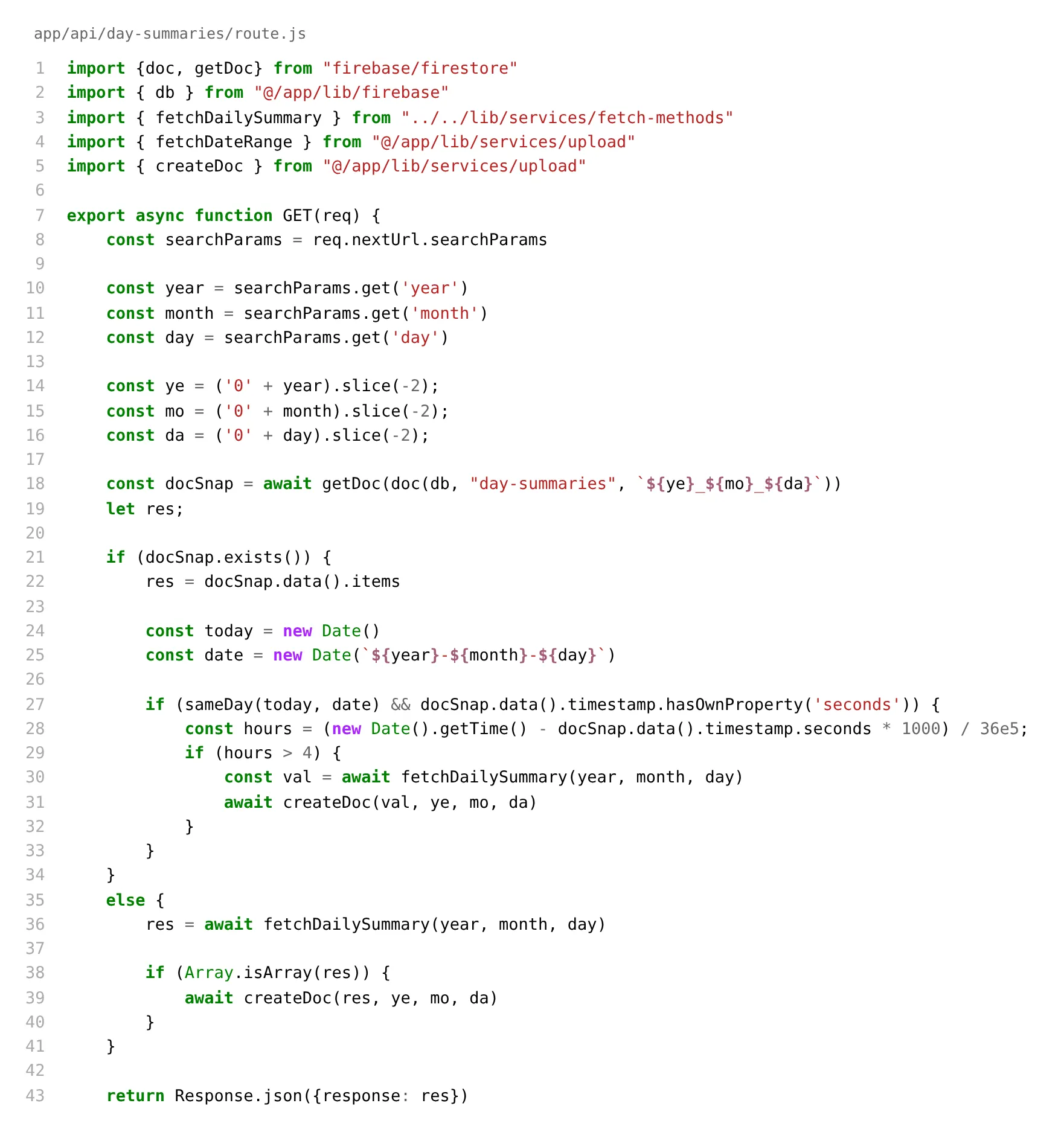 JavaScript source for the day-summaries API route: read Firestore, refresh today's data every four hours, otherwise scrape and store