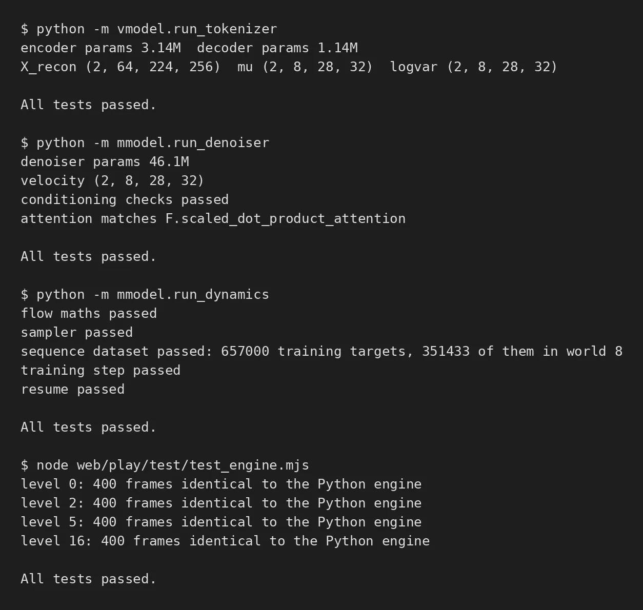 Terminal output of four test commands, each ending in all tests passed