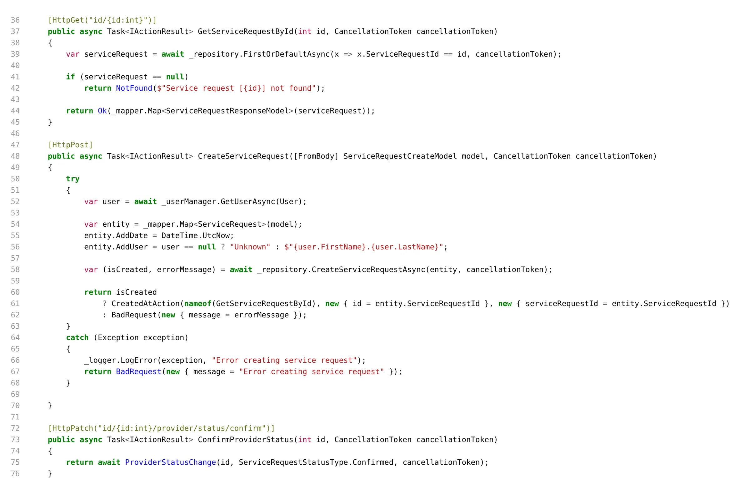 C# source for the ServiceRequest controller handling booking requests