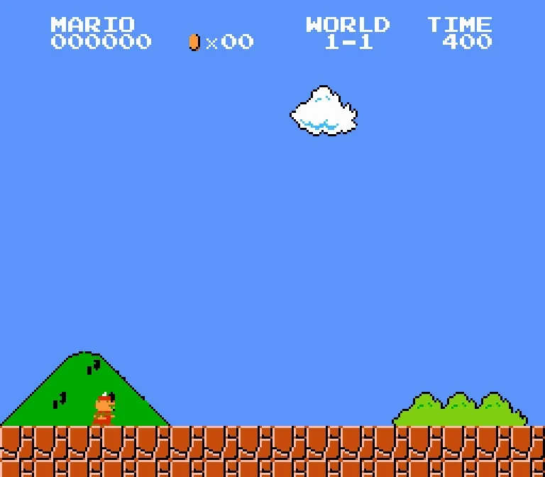 Animated loop of level 1-1 of Super Mario Bros drawn frame by frame by the network, Mario running right, jumping under the question blocks and over the pipes