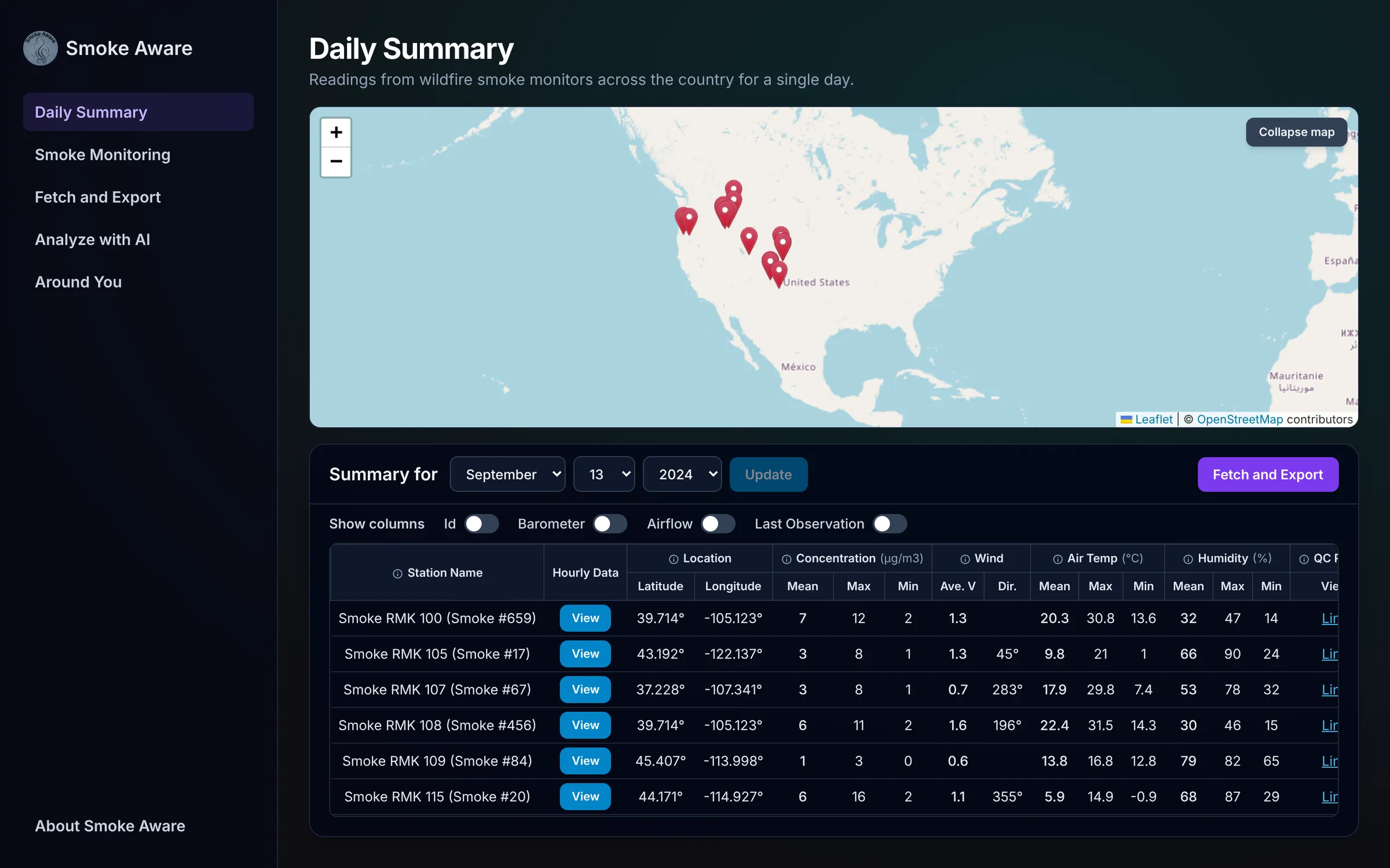 Smoke Aware's Daily Summary page, a dark map of the western US with monitor pins above a table of readings