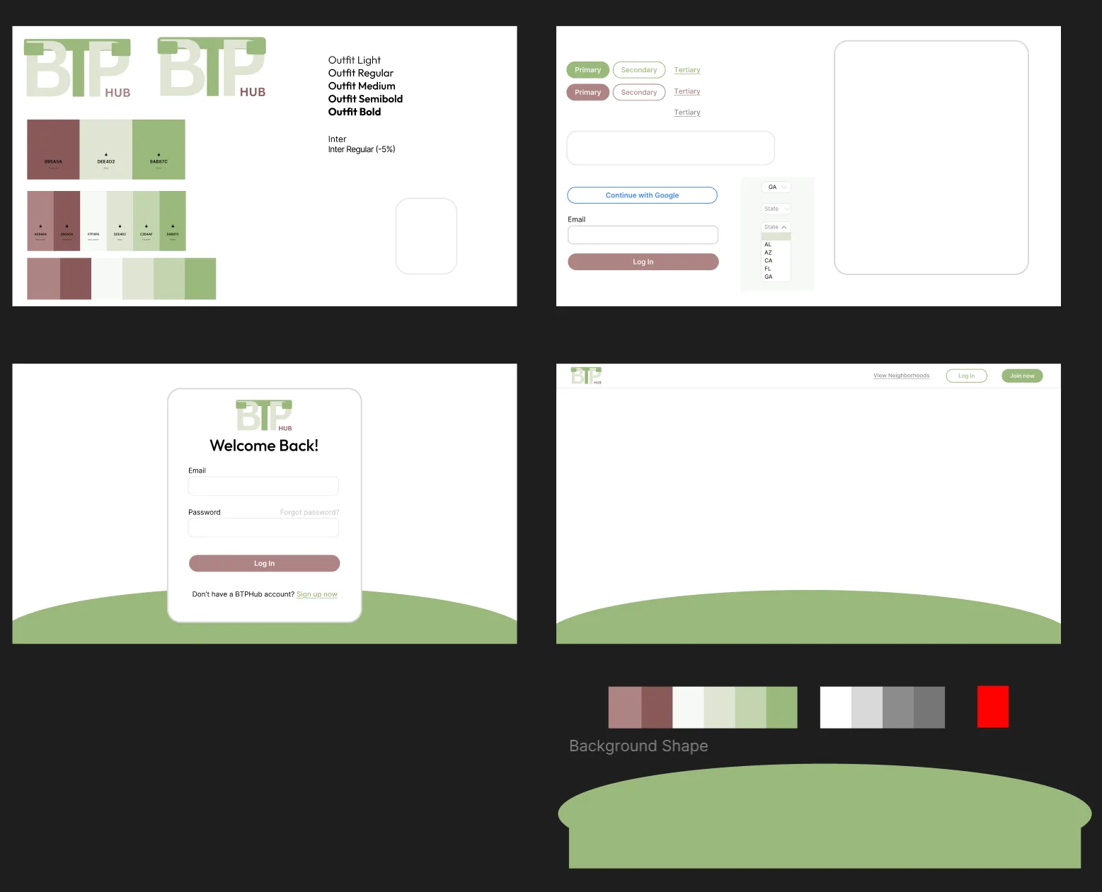 Figma board with the BTPHub logo, colour palette, type samples, buttons and a log-in card