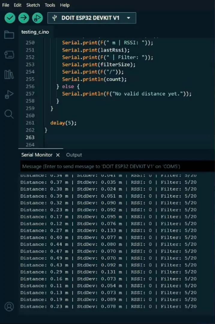 Arduino IDE showing testing_c.ino for a DOIT ESP32 DEVKIT V1 with a serial monitor full of distance and standard deviation readings