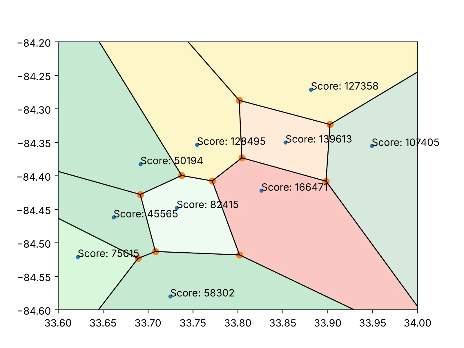 Voronoi cells over Atlanta at iteration six, with more even colouring after facilities have moved
