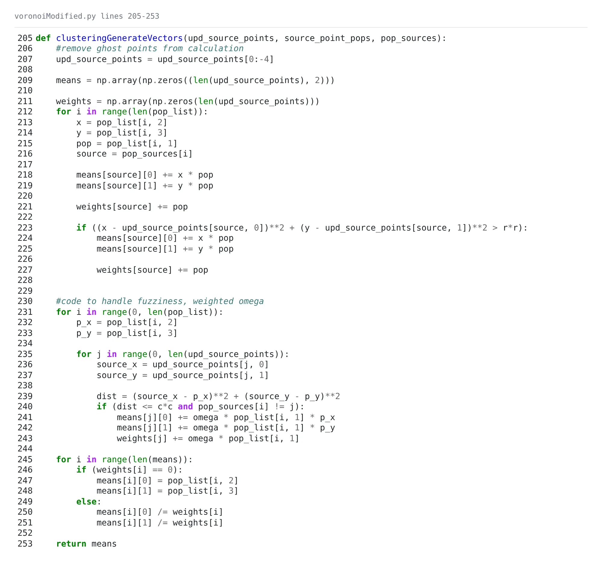 Python source for the weighted centroid update with double weight beyond r and omega-weighted external population