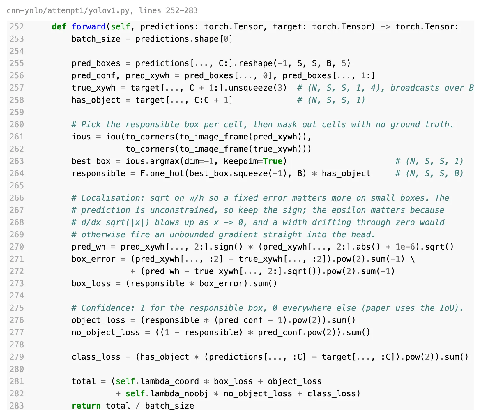 Python source for the YOLO loss: picking the responsible box by IoU, then box, object, no-object and class terms