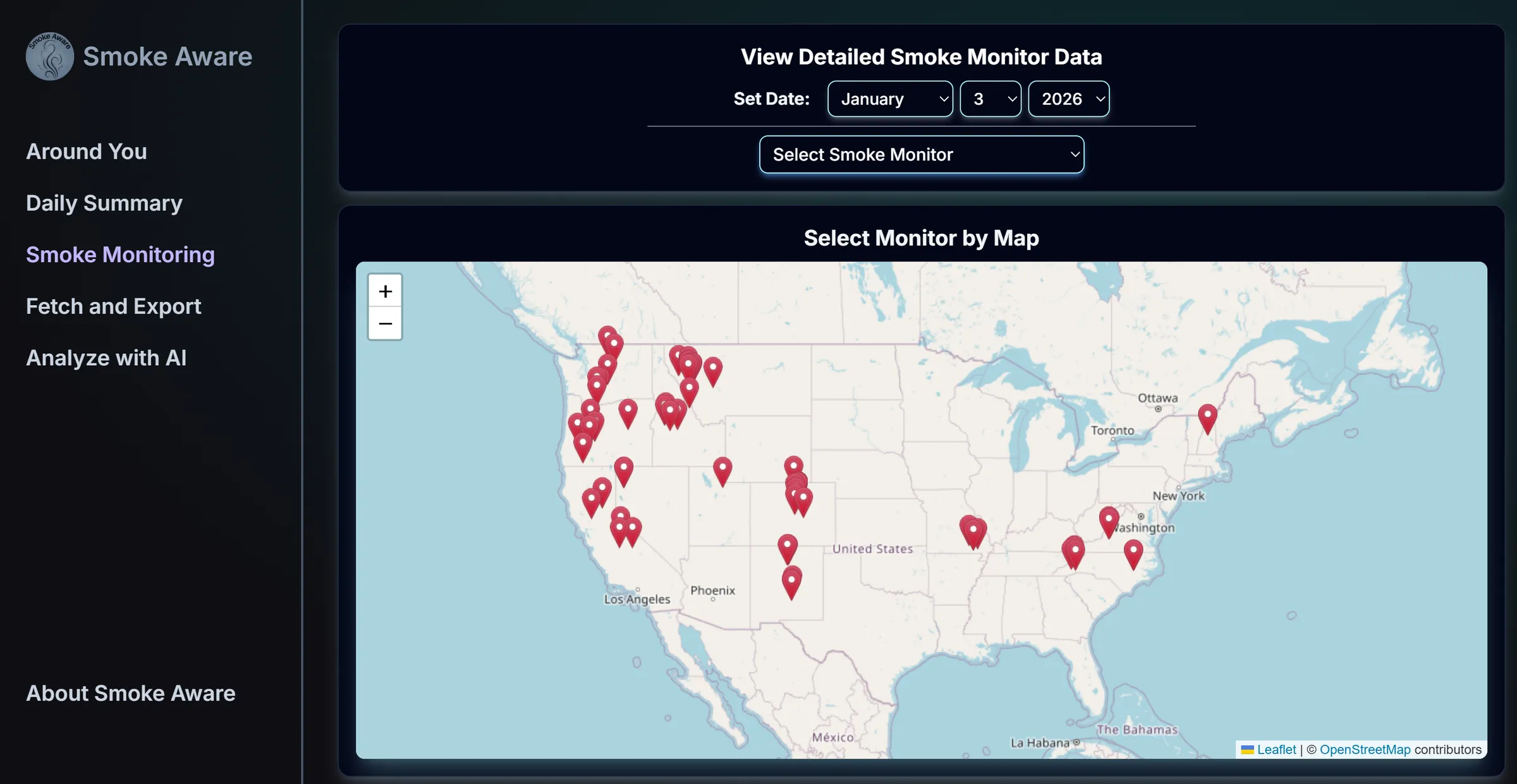 Earlier design of the Smoke Monitoring page: a date picker and a map of the US with monitor pins