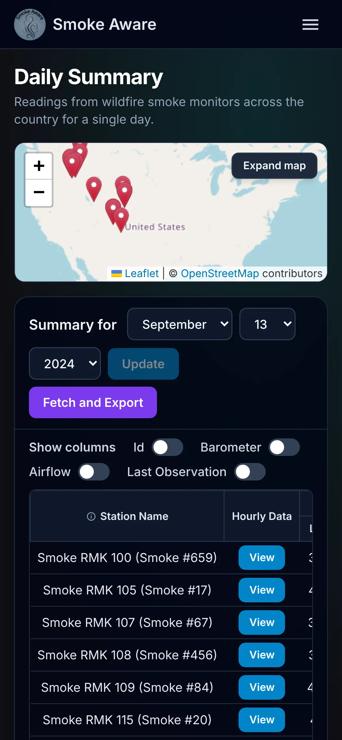 Mobile layout of the daily summary with a top bar, a small map and the station table