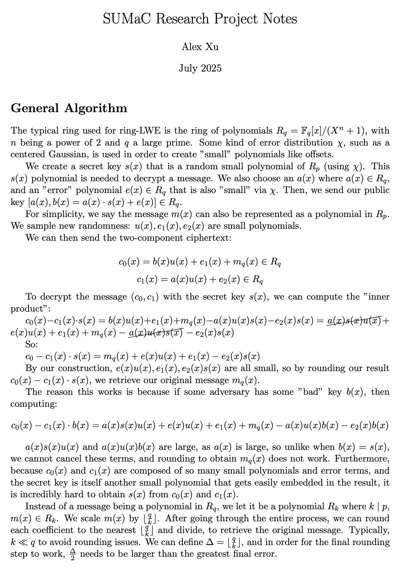 Page one of typeset LaTeX notes titled SUMaC Research Project Notes, describing key generation, encryption and decryption