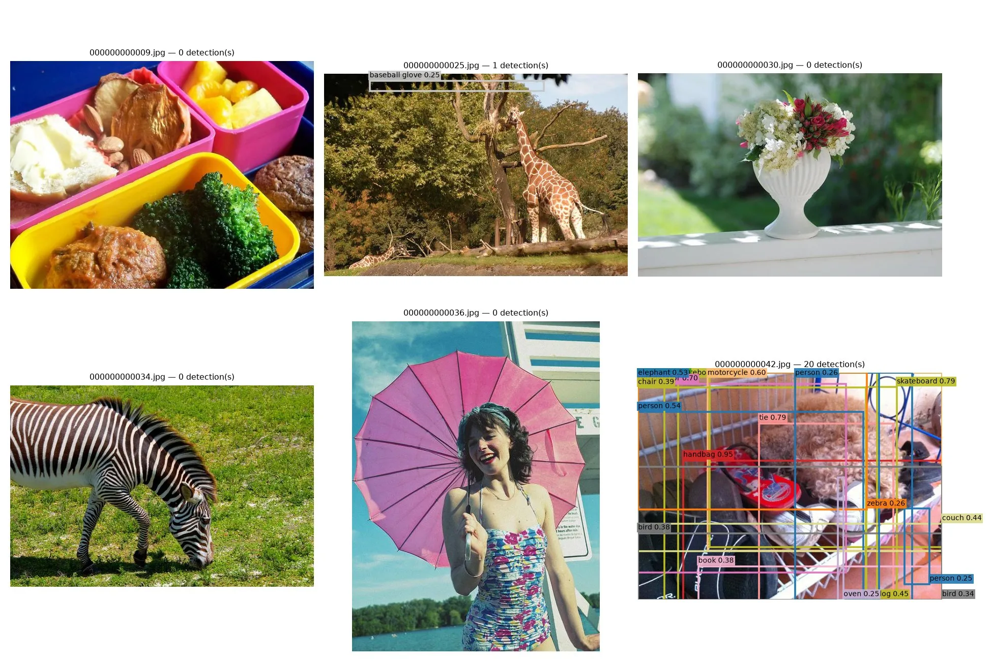 Six photos: five with zero detections and one covered in twenty overlapping boxes with wrong labels