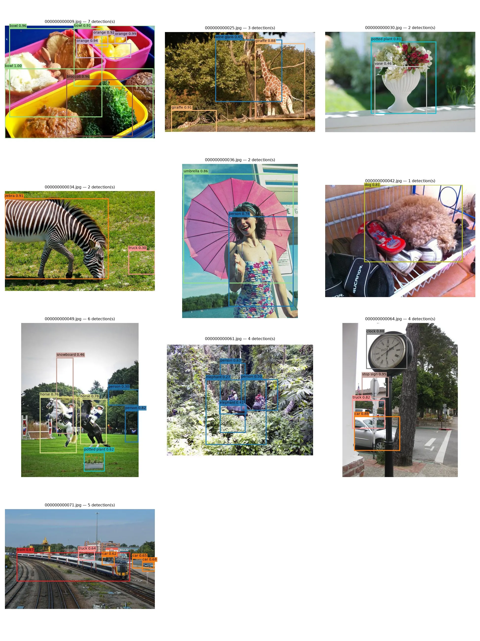 Ten photos with correct detections: bowls, oranges and broccoli, giraffes, a vase, a zebra, a person with an umbrella, a dog, horses, a clock and a train