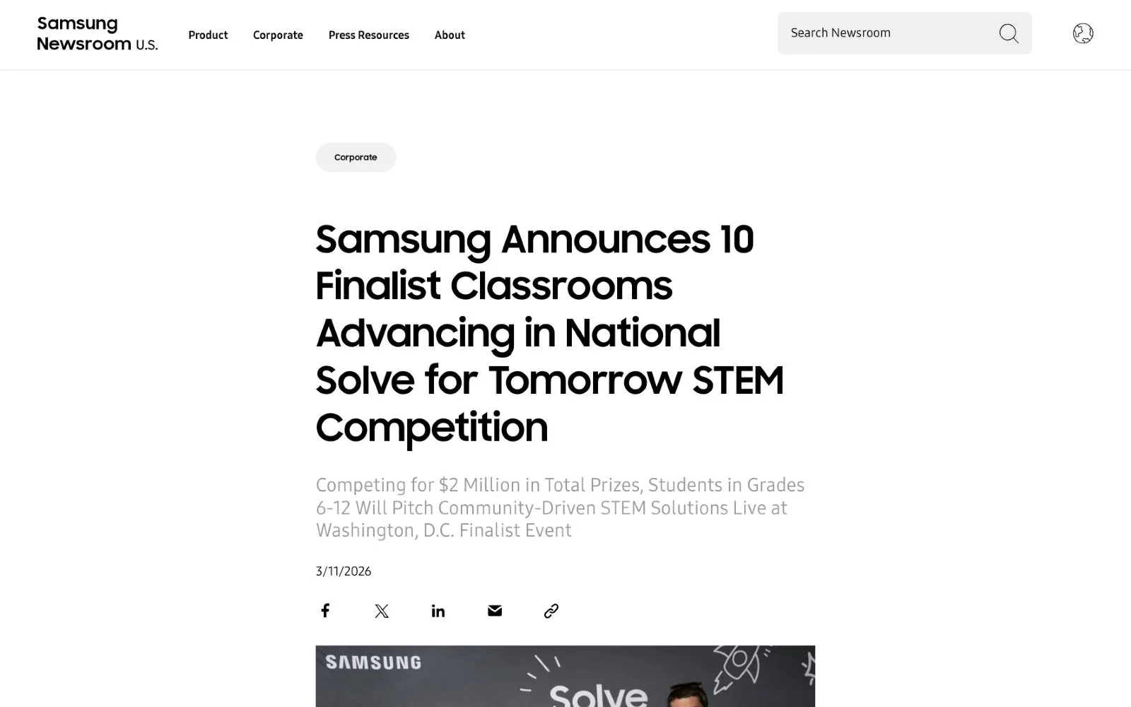 Samsung U.S. Newsroom article headline announcing 10 finalist classrooms in the Solve for Tomorrow competition