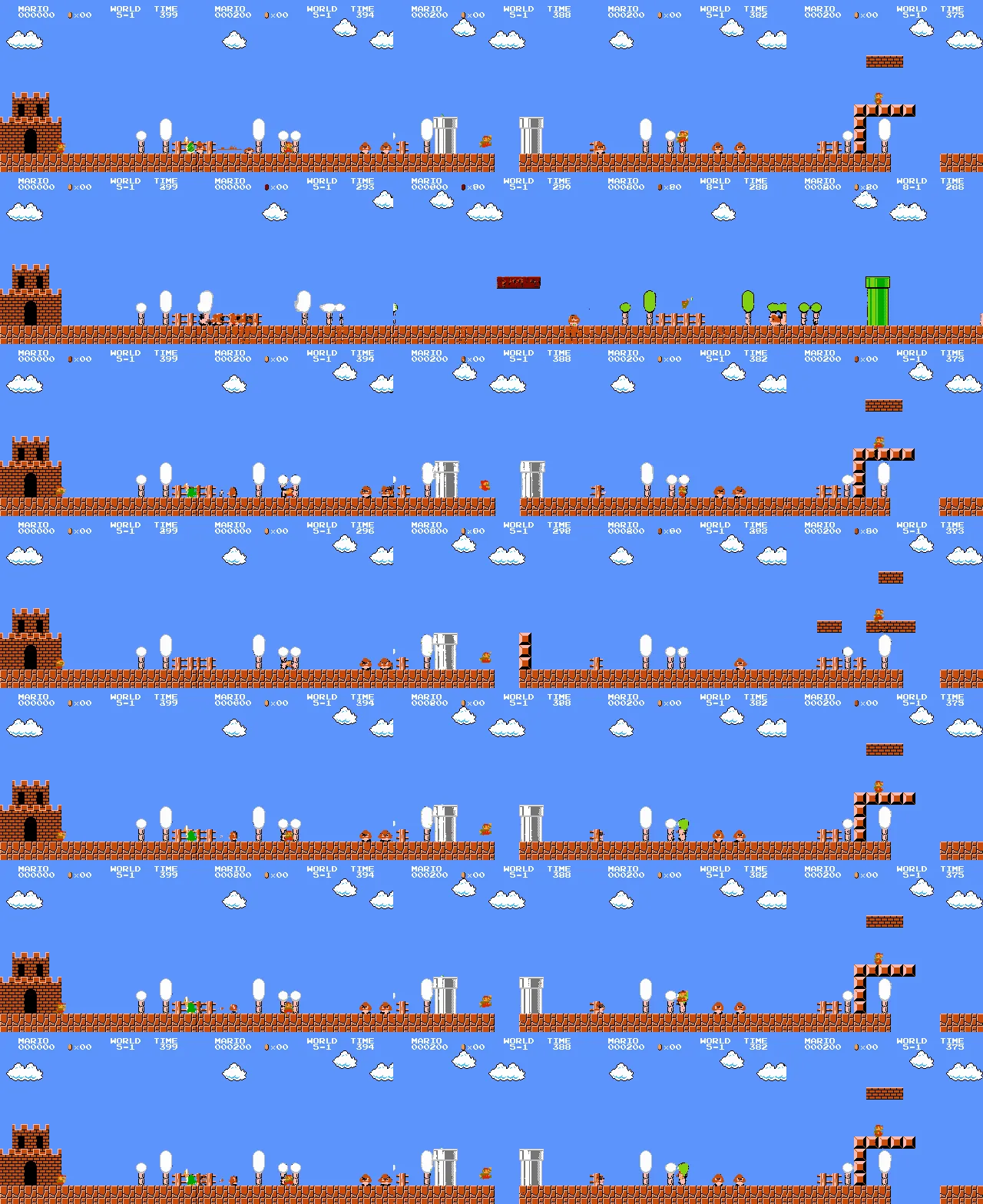 Grid of frames from a bot playing level 5-1 under seven settings; the model-alone row invents a different level while the guided rows match the top row