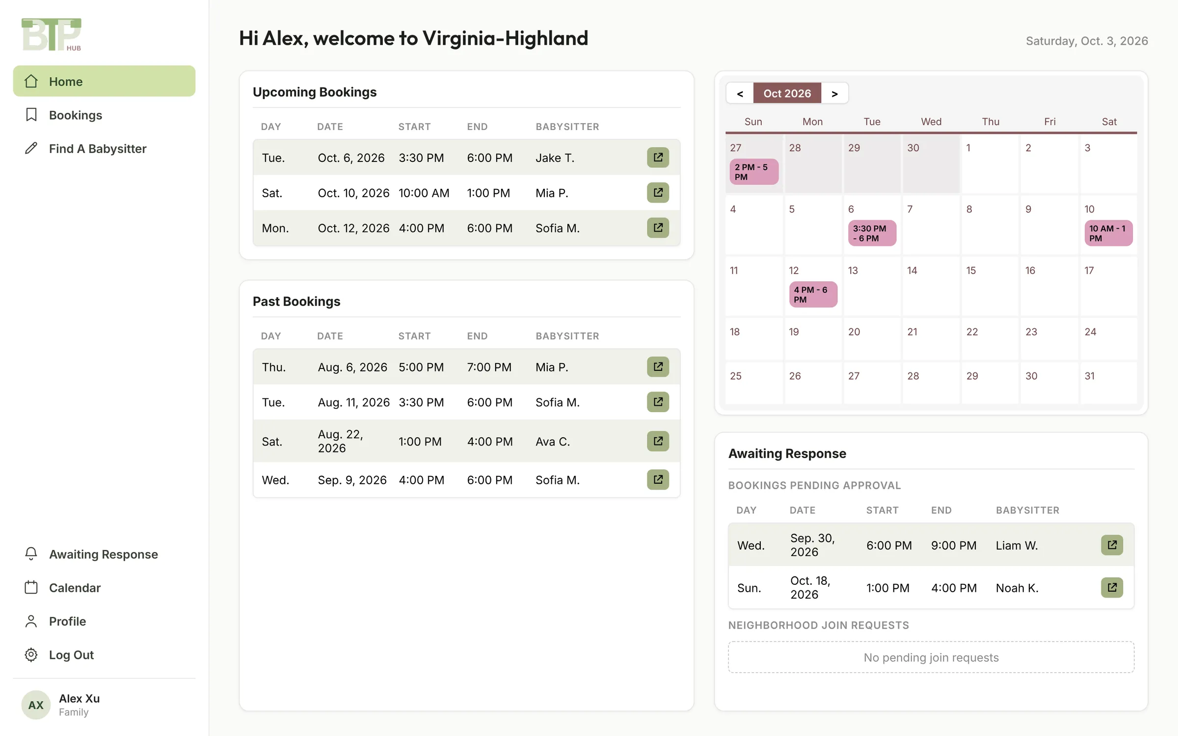 Customer dashboard in the Next.js rewrite with upcoming bookings, past bookings, a month calendar and pending requests