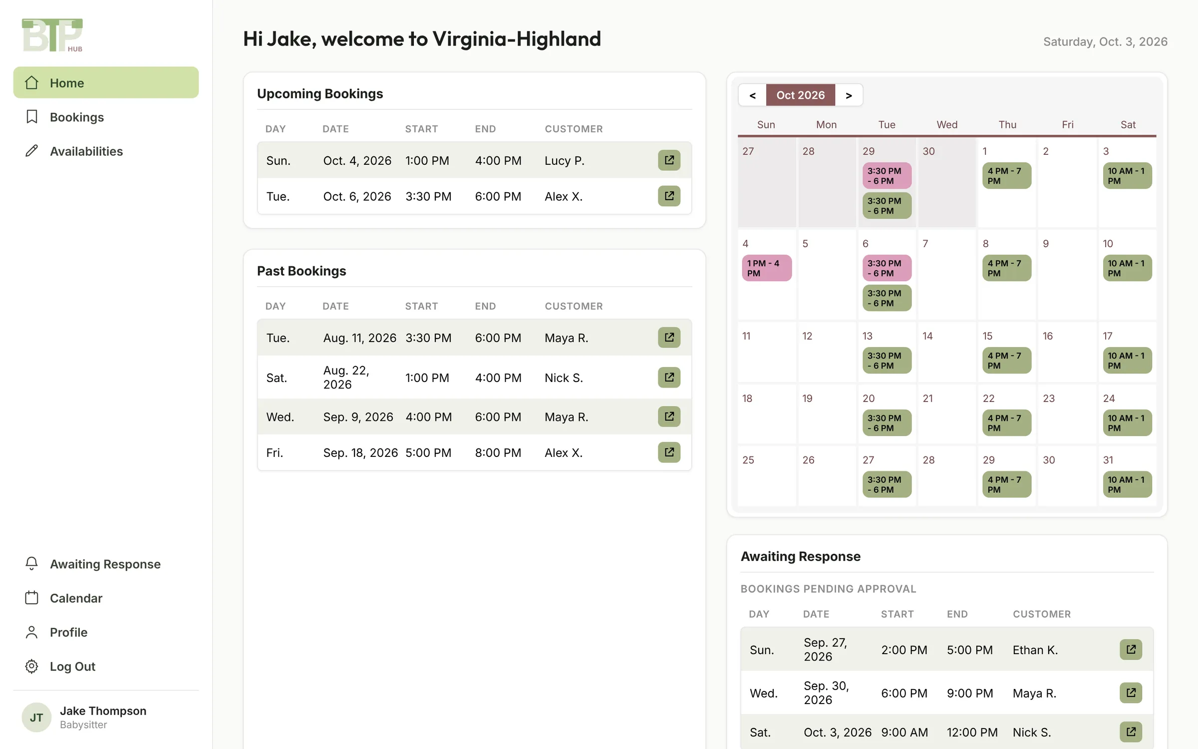 Provider dashboard in the Next.js rewrite with upcoming jobs and requests awaiting response