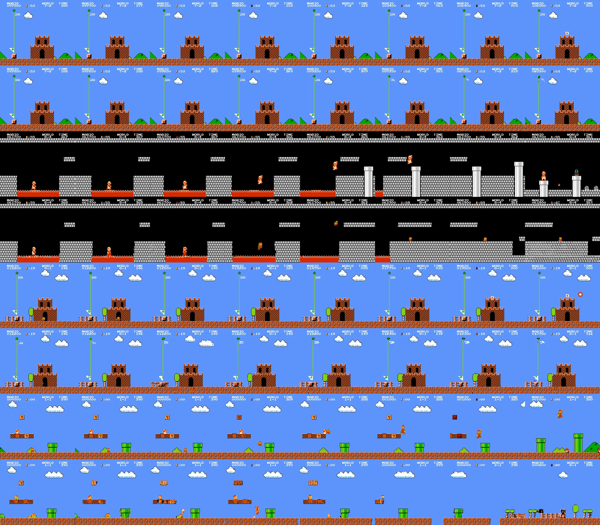Four pairs of strips comparing real frames above generated frames at steps 1 to 100; the generated Mario fades out after a few dozen steps