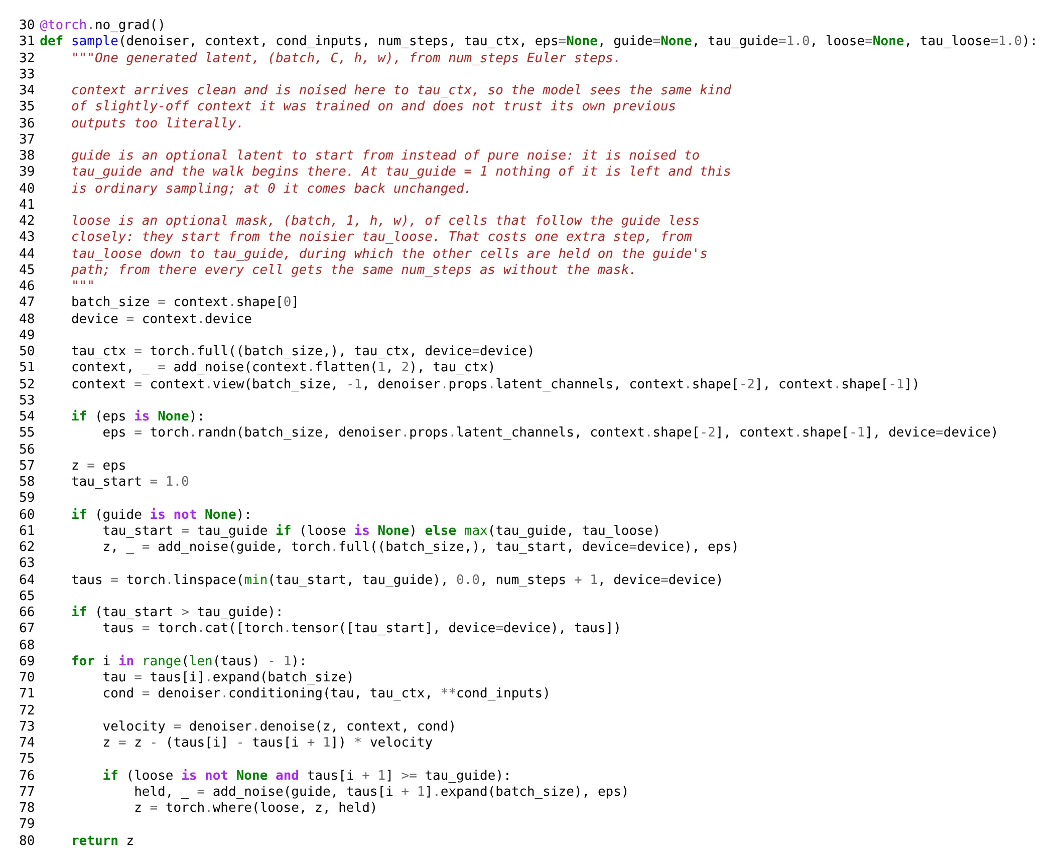 Python source for the Euler sampler with an optional guide and a looser mask for the score and timer area