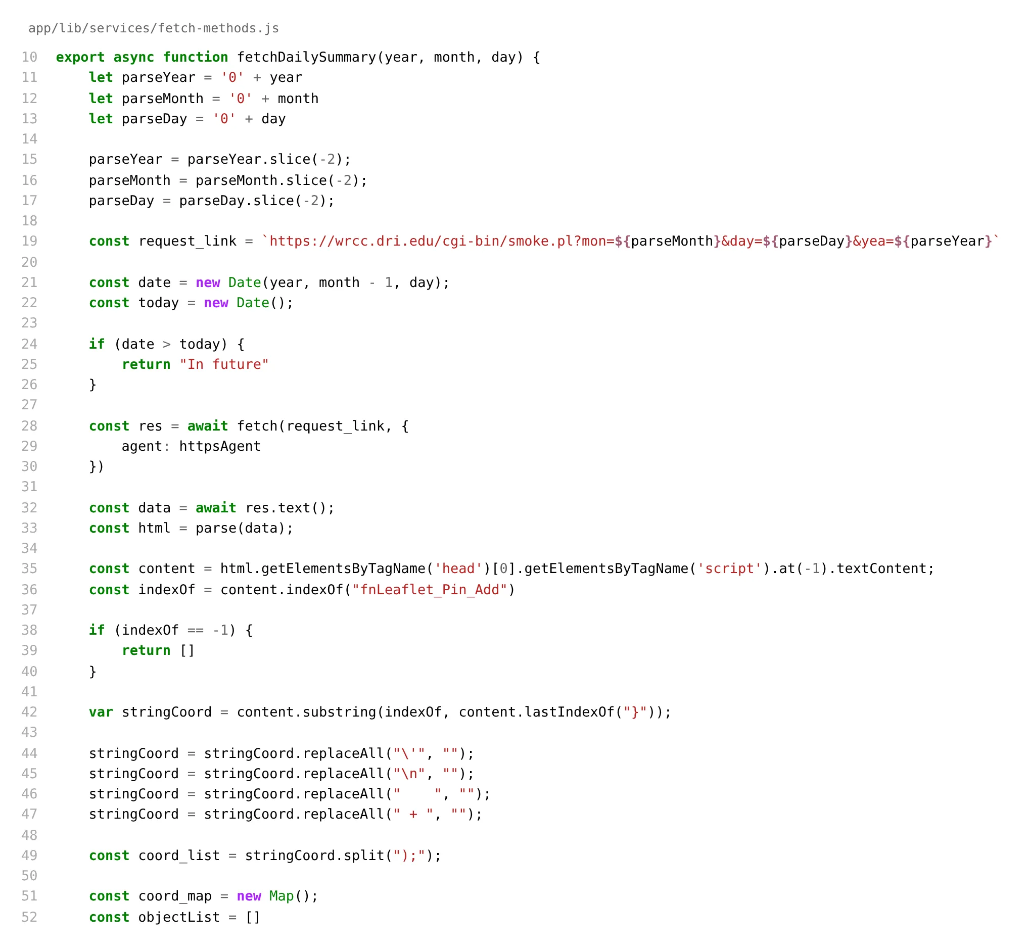 JavaScript source for the function that fetches and parses a station's daily summary from WRCC