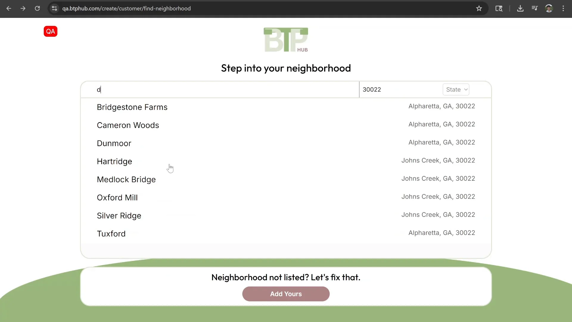 Neighborhood search during sign-up listing Georgia neighborhoods for ZIP 30022, with an option to add a missing one
