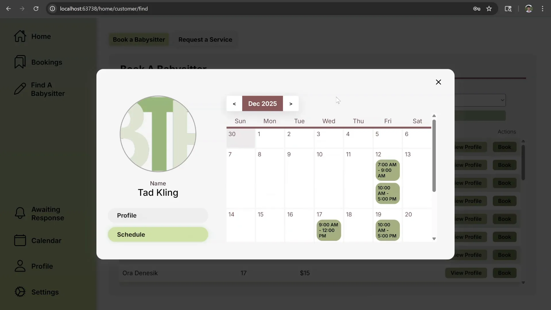 Sitter profile modal with a monthly schedule calendar showing available slots