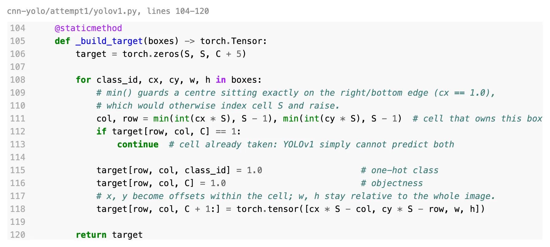 Python source that builds the 7 by 7 training target, one box per cell