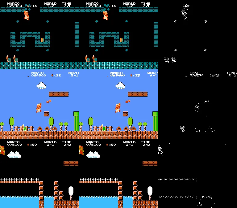 Three rows of Mario frames: original, reconstruction, and the wrong pixels shown in white
