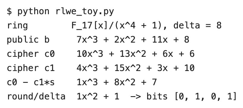 Terminal output listing the ring, public key, two ciphertext polynomials, the decrypted polynomial and the recovered bits 0101