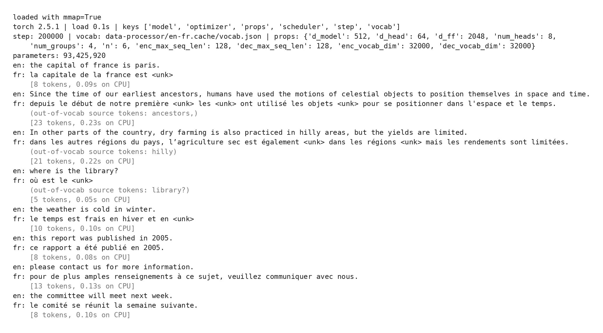 Eight English sentences and the model's French translations, some perfect and some with unknown-word tokens